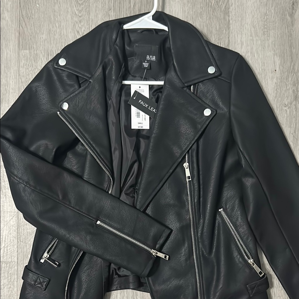a.n.a Black Leather Moto Jacket with Asymmetrical Zipper